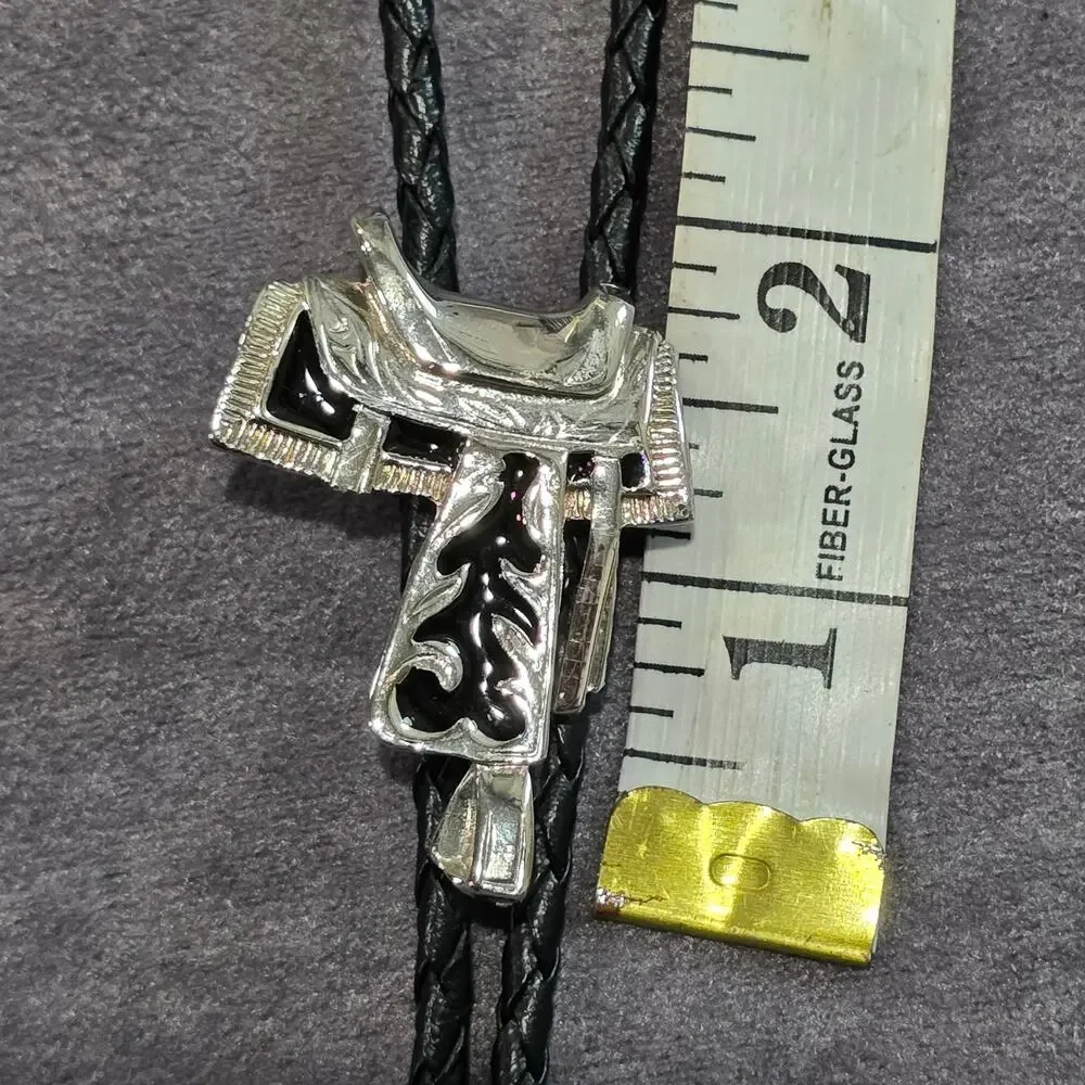 Old Country Western Silver & Black Saddle Leather Bolo Neck Tie Made In USA